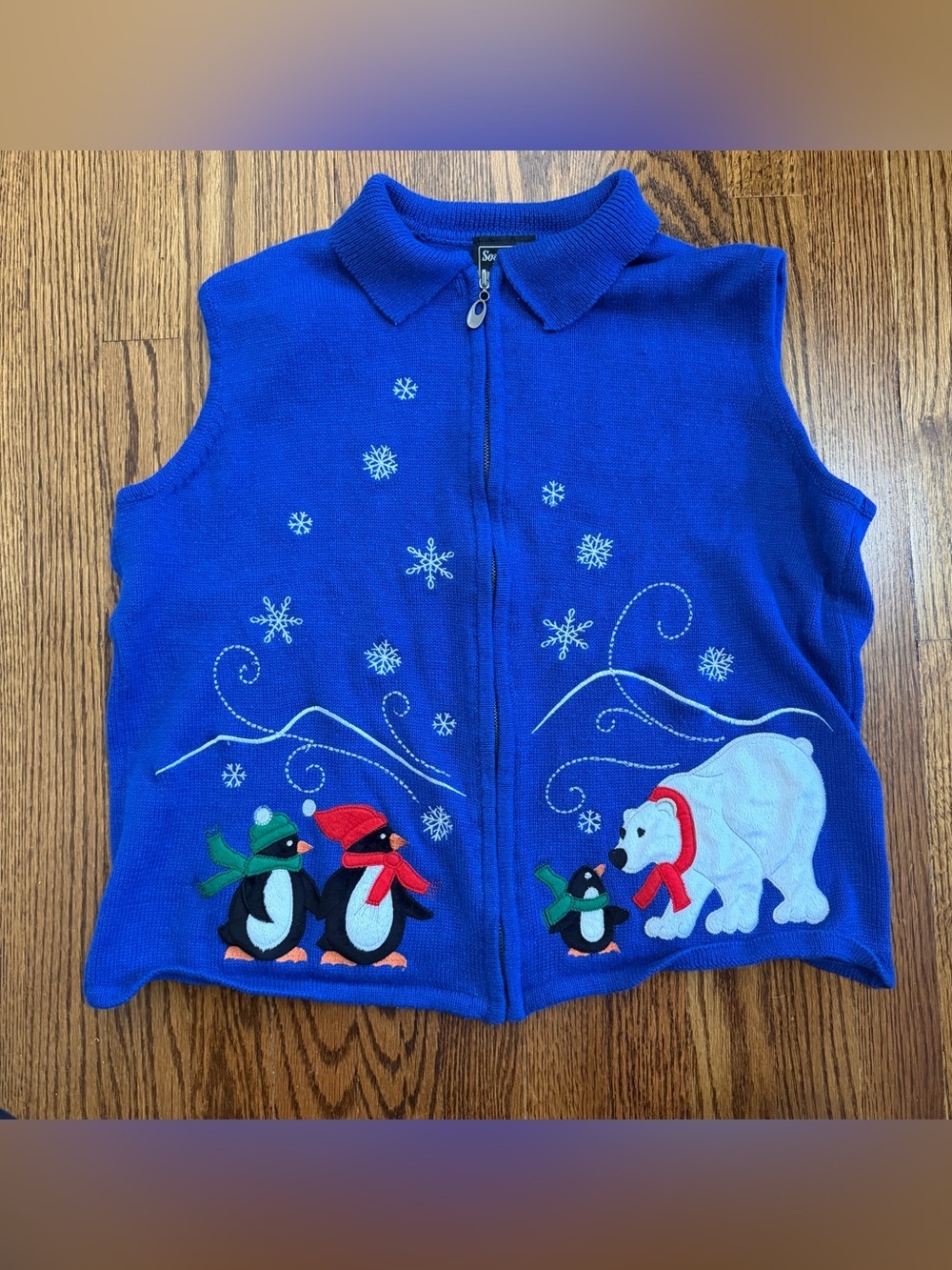 Southern Lady Vintage Blue Sweater Vest Zipper Winter Polar Bear Penguin Size L